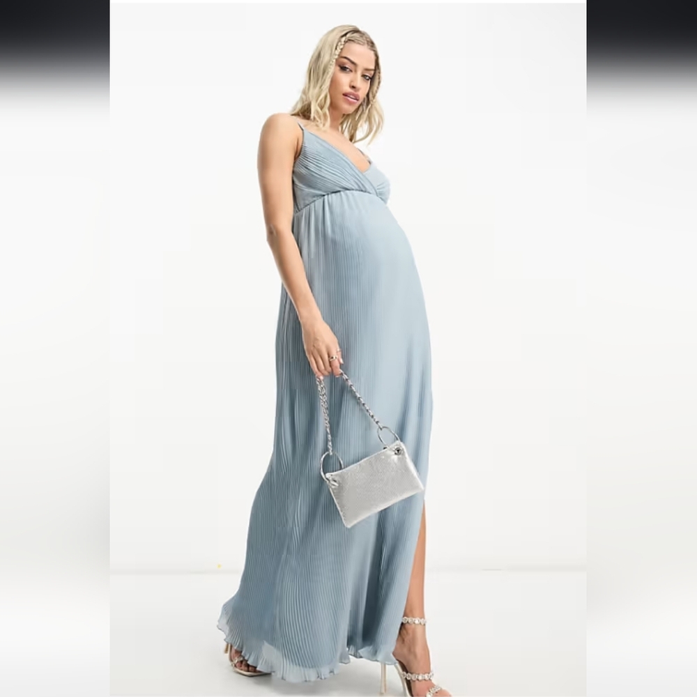 NWT ASOS DESIGN Maternity Pleated Formal Maxi Dress In Slate Blue
